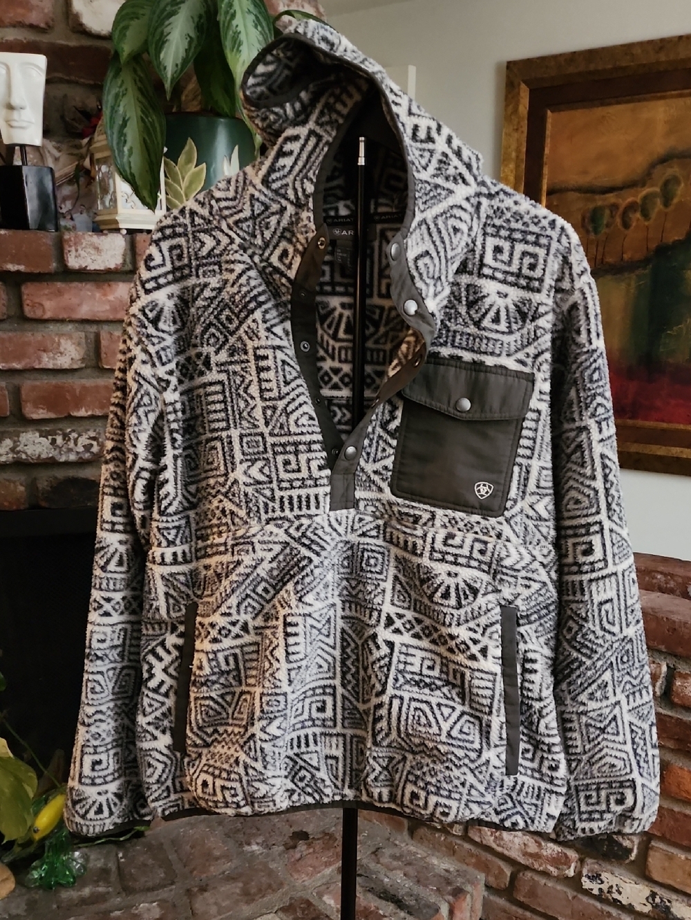 Ariat Aztec Fleece Pullover Hoodie Snap Neck Western Southwestern Size L